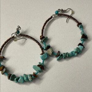 Turquoise and Brown Beaded Hoop Earrings